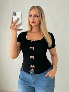 Auralis 大尺碼蝴蝶結裝飾對比色短袖法式風 T-Shirt - 彩色 - 查看 2