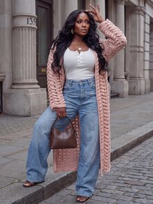 Slaydiva Cardigan Rajut Wanita Ukuran Besar, Mantel Panjang Rajut Kabel Berongga Warna Nude, Mantel Duster Depan Terbuka untuk Musim Gugur - Berwarna merah muda - View 4