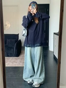 Dazy Tall Women's Round Neck Loose Long Sleeve Lace Patchwork Urban Casual T-Shirt Fall - Navy Blue - View 5
