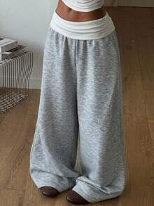 SHEIN Tween Girls Colorblock Patchwork Sweatpants, Autumn/Winter, Collegiate Style - Light Grey - View 1