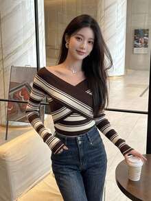 DAZY French Vintage Style Striped V-Neck Cross Off-Shoulder Knit Sweater For Women, Autumn/Winter New Arrival - Khaki - View 3