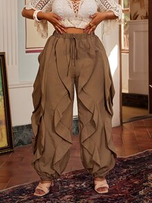 Maweii Plus Size Ruffle Tie Design Street Fashion Pants Fall - Brown - View 1