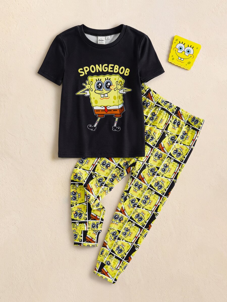 SpongeBob SquarePants | SHEIN Young Boy Cartoon Print Short Sleeve Top And Fitted Long Pants Loungewear Set - Black - View 1