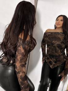 Firerie Brown Tie-Dye Floral Hem Asymmetrical Shoulder Plus Size T-Shirt - Multicolor - View 7