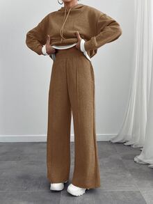 SHEIN طقم قطعتين للنساء: سويت شيرت بغطاء رأس من القطن البني بحجم صغير & بنطال رياضي فضفاض - شوكولاته بني - مشاهدة 3