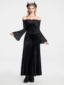 Breakform Gothic Goth Elegant Style Black Flocked Bat Cutout Women's Fashion Mesh Patchwork Elastic Waist Fitted Midi Skirt Halloween Party Autumn - Black - View 4