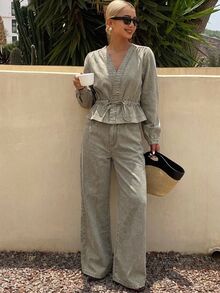 Livesso Women's V-Neck Pleated Long Sleeve Top And Long Pants Casual Daily Denim Set Fall - Army Green - View 4