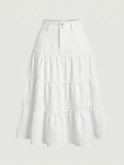 SHEIN MOD Plus Size Versatile Soft Style Button Ruffle Hem Denim Skirt