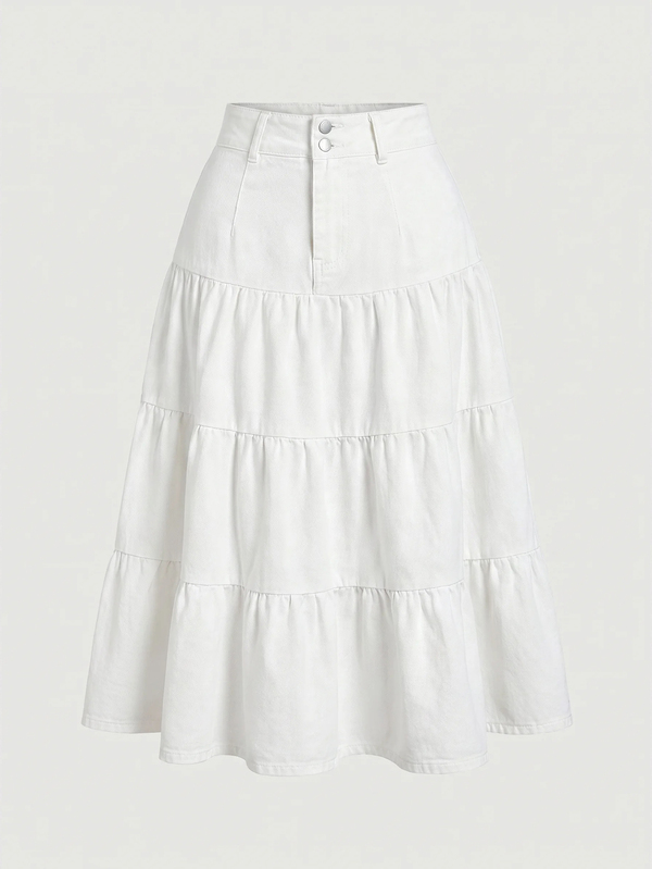 SHEIN MOD Plus Size Versatile Soft Style Button Ruffle Hem Denim Skirt