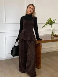 DAZY Women's Corduroy Cami Top And Loose Straight Leg Pants Elegant Two Pieces Set - Burgundy - View 1