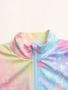 SHEIN 兒童青少年女孩彩虹星星印花針織三件套：長袖半拉鍊小立領上衣、露背細肩帶背心與單車褲運動套裝，返校穿搭 - 彩色 - 查看 7