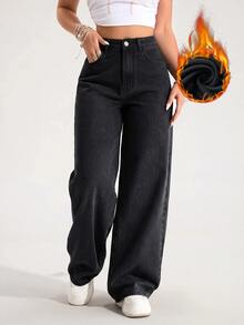 SHEIN ICON Women's Casual Versatile Denim Long Pants With Pockets And Buttons For Daily Wear - Black - View 5