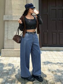 Rivivi Festival Plus Size Women's Blue Non-Stretch Striped Straight Leg Denim Pants - Dark Wash - View 3