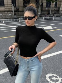 DAZY Women's Autumn Casual Solid Color Slim Fit T-Shirt - Black - View 6