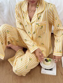 Napfluff Set Piyama Wanita Motif Garis-garis Lemon dengan Kerah Terbuka di Bagian Depan - Kuning - View 6