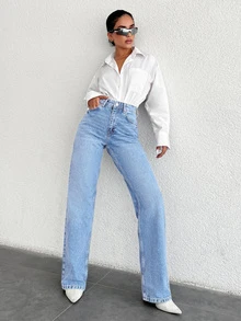 SHEIN Cottnline Plus High Waist Casual Style Light Blue Wash Regular Fit Buton Front Straight Jean Formal Club Summer - Light Wash - View 5