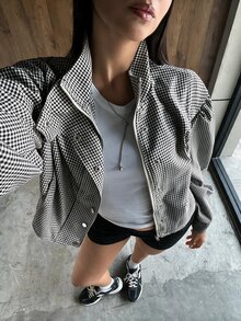 Muchica 女款棕色格紋編織休閒夾克，前拉鍊設計 - 黑與白 - 查看 6