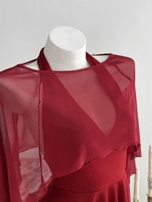 Elamini Set Gaun Mini Seksi Leher V Model Halter Warna Merah Anggur Minimalis untuk Pesta Wanita + Atasan Syal - Burgundy - View 4