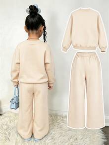 Girls' Fashionable Comfortable Printed Long Sleeve Sweatshirt And Wide Leg Pants 2 Pieces Set - White - View 2