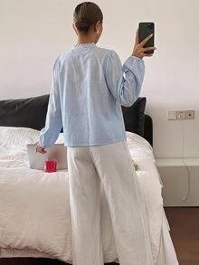 DAZY 2pcs Lace Patchwork Long Sleeve & Long Pants Women's Pajama Set Fall - Blue - View 2