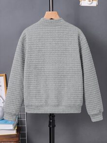 SHEIN 兒童青少年男孩休閒百搭紋理小格淺灰色棒球夾克外套，適合通勤、上學、日常休閒外出、運動，秋冬穿著 - 淺灰色 - 查看 5