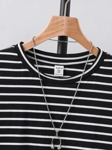 SHEIN 青少年男孩休閒舒適百搭條紋拼接袖長袖上衣 - 黑與白 - 查看 3
