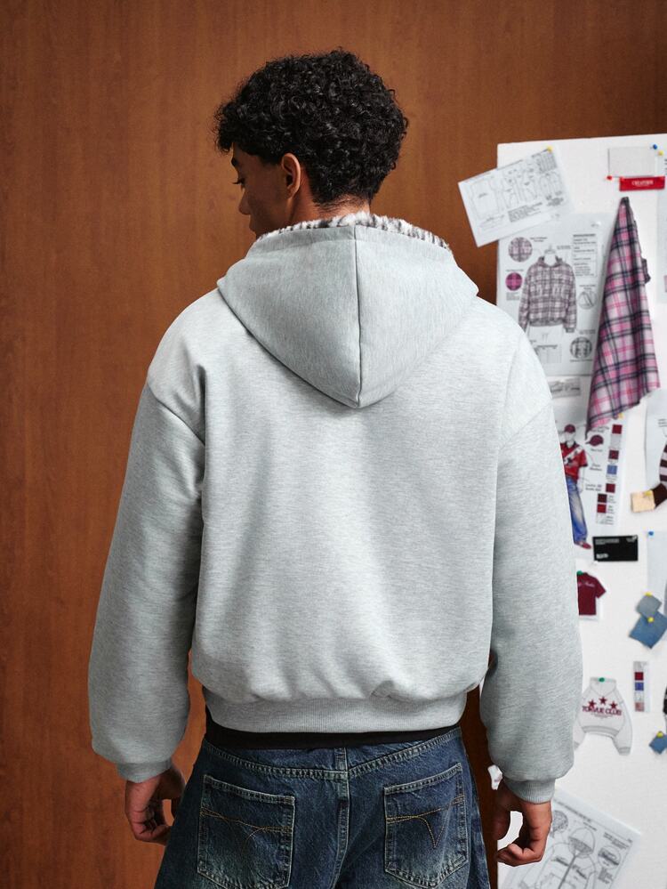TOKVUE Men's Reversible Black & White Plaid Hooded Sweatshirt, Practical Multi-Effect Reversible, Korean Cleanfit Minimalist Style, American Vintage Leopard Print Casual Style, Plush Leopard Print Fabric, Campus, Street, Commute, Layering, Unisex Couple Outfit, Holiday Gift - Grey - View 9