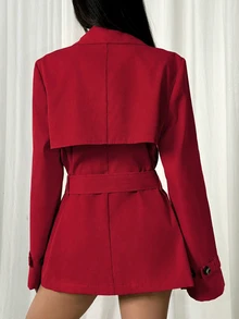 SHEIN EZwear 秋冬雙排扣收腰中長款風衣 - 紅色 - 查看 2