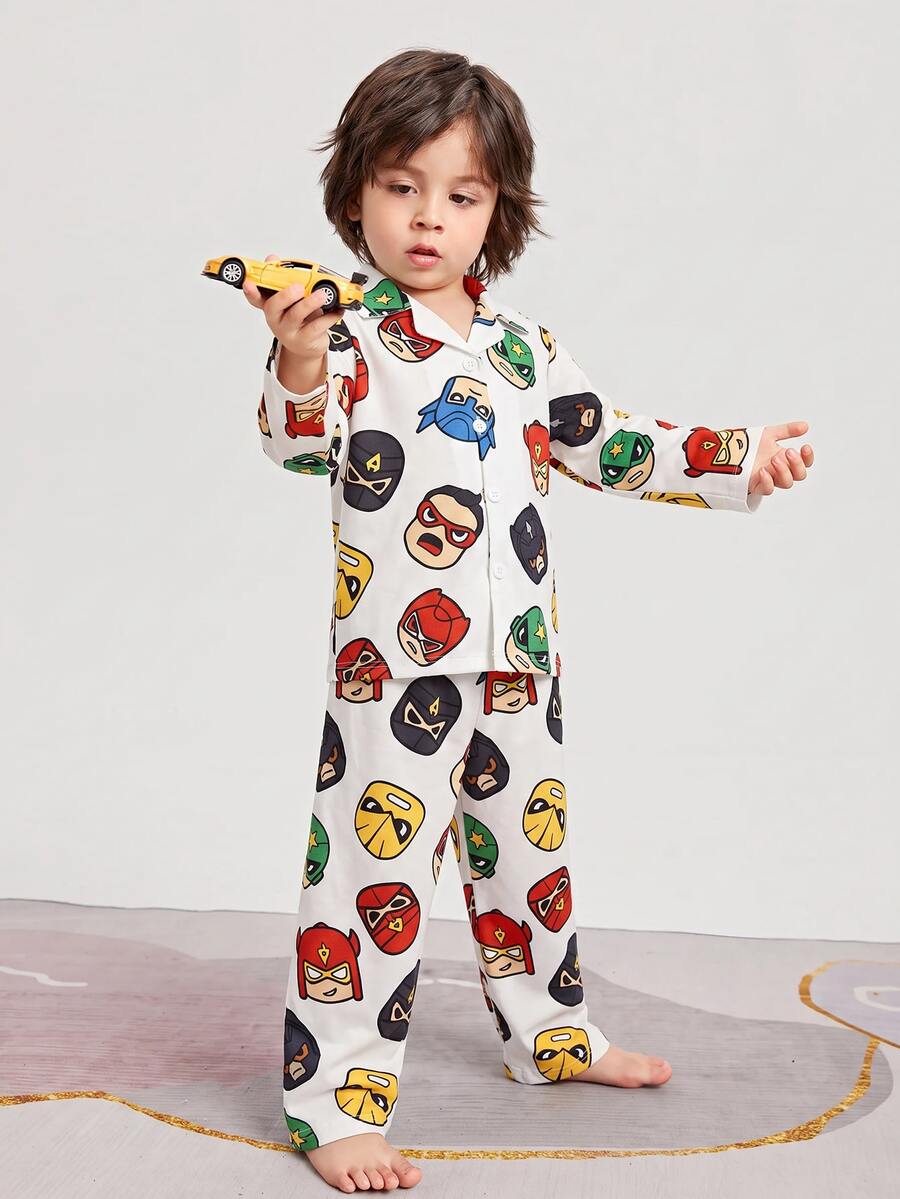 SHEIN Young Boy Cute Cartoon Print Button-Up Top And Long Pants Loungewear Set - Multicolor - View 1