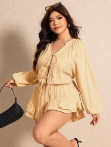 Elaquor Plus Size Casual Commute Striped Tie-Front Romper Fall - Yellow - View 5