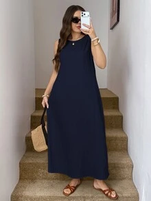 Easowa Curve Plus Size Women Solid Color Casual Daily Summer Travel Dress - Navy Blue - View 5