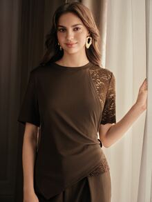 Anewsta Kaos Wanita Model Urban Modern Terbaru, Semi-Transparan, Seksi, Desain Renda, Patchwork Kontras, Leher Bulat, Lengan Pendek - Coklat - View 6
