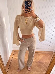 Avantive Sweater Crop Lengan Cape Warna Polos untuk Wanita, Cocok untuk Pergi Keluar, Klub Malam, Musim Gugur, Seksi - Aprikot - View 3