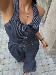 Rivivi Plus Size Women's Stretch Denim Striped Jumpsuit, High-Intellect Striped Design Jumpsuit, Cowboy Outfits For Women - Blue - View 7