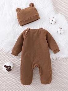 Set Pakaian Rumah Bayi Baru Lahir Nyaman, Lembut, Mewah, Warna Cokelat Kopi, Motif Beruang Teddy, Bordir Patch, Telinga 3D, Kancing Jepret, Leher Bulat, Lengan Panjang, Romper dengan Penutup Kaki dan Topi - Coffee Brown - View 3