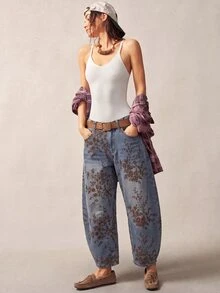 Bohemela 女款高腰寬鬆寬腿花卉印花牛仔褲，附口袋與前鈕扣設計 - 中等水洗藍 - 查看 7