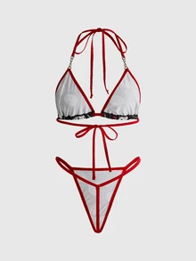 Friday the 13th X ROMWE Friday The 13th Horror Movie Print Women's 3-Piece Lingerie Set, Wireless Camisole Bra, Thong And Hipster Panties - Black - View 2