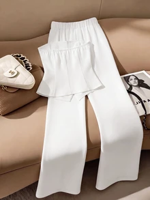 SHEIN Franclia New Winter-Spring Women's Two Pieces Set, Strapless Top Paired With Long Pants, White Suit, Elegant Women's Outfit, Suitable For Commuting And Business - White - View 2