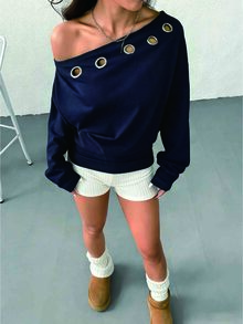 SHEIN EZwear 女款休閒不對稱領口衛衣，飾有金屬孔眼裝飾 - 藏蓝色 - 查看 4