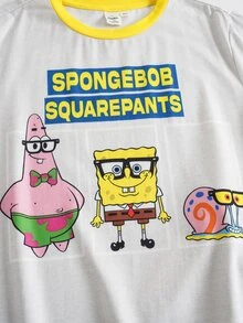 SpongeBob SquarePants | SHEIN 大童男孩字母卡通印花短袖上衣與短褲休閒日常居家睡衣套裝 - 淺灰色 - 查看 4