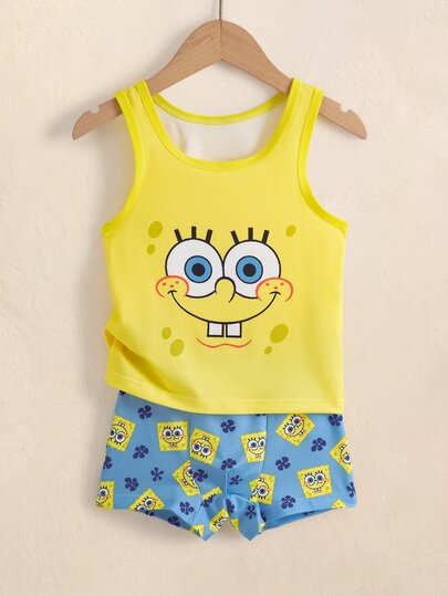 SpongeBob SquarePants | SHEIN Ensemble débardeur et short avec imprimé de dessin animé pour jeune garçon