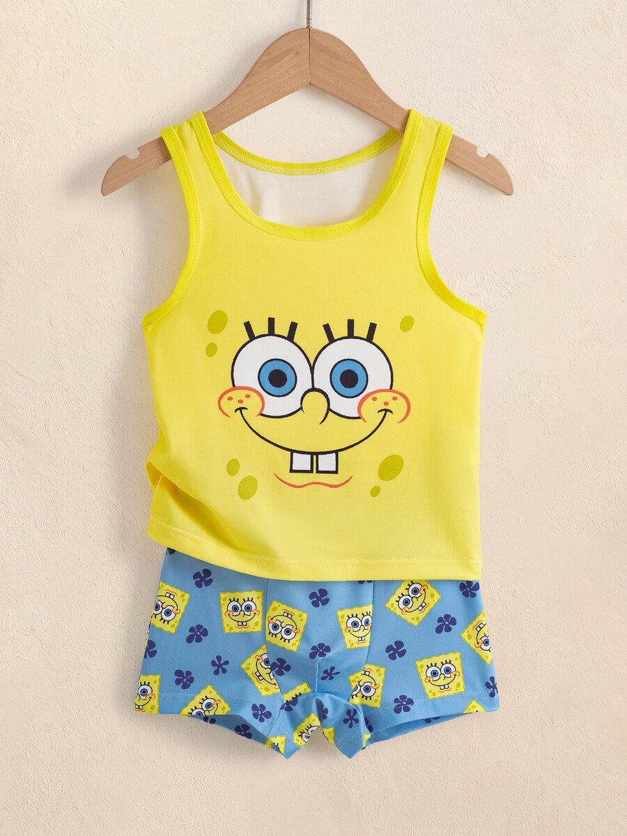SpongeBob SquarePants | SHEIN 小男孩卡通印花背心與短褲套裝 - 藍色 - 查看 1