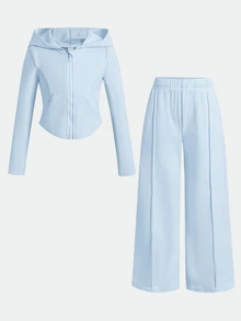 Young Girl Young Girl Kids Fashion Casual Knit Solid Color Hooded Jacket Set - Blue - View 4