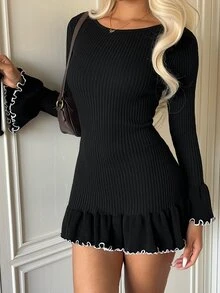 Autumina Vestido sexy con mangas acampanadas, ribete de volantes en contraste de color y efecto estilizante - Negro - Ver 1
