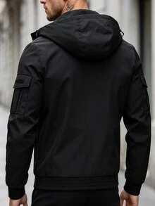 Manfinity Homme 男士純色拉鍊連帽休閒外套，百搭日常穿著 - 黑色 - 查看 4