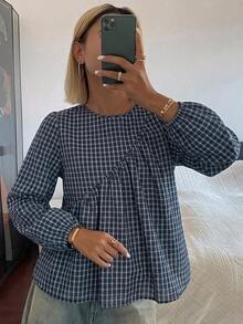 DAZY 女款純色寬鬆短袖圓領百褶休閒度假夏季襯衫上衣 - 藍色 - 查看 3