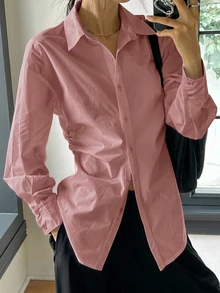 DAZY 新款秋季商務休閒法式優雅收腰領口襯衫 女款辦公室柔粉色 - 粉色 - 查看 5