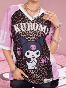 HELLO KITTY AND FRIENDS | SHEIN Women's V-Neck Letter Cartoon Graphic Casual Daily T-Shirt - Brown - View 4