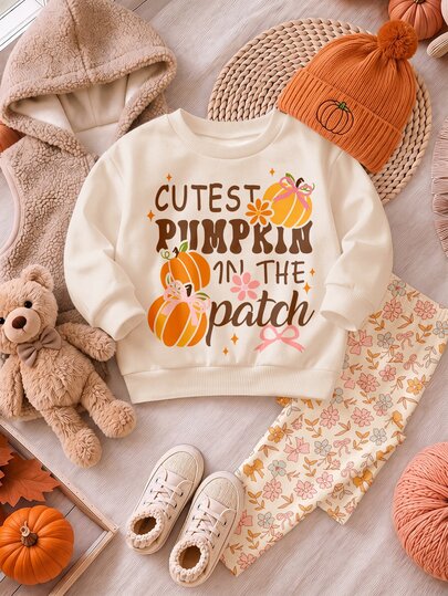 Colorful Light Apricot, Cute Pastoral Country Style Bow Pumpkin Flower, Cute Letter Pumpkin Field Most Adorable Little Pumpkin, Baby Girl Casual Round Neck Long Sleeve Sweatshirt And Leggings 2-Piece Set, Autumn/Winter New Style Suitable For Daily Wear, Farm, Non-Scary Halloween, Thanksgiving, Rich Autumn Atmosphere, Pumpkin Patch Family Outing, Autumn Harvest Aesthetic