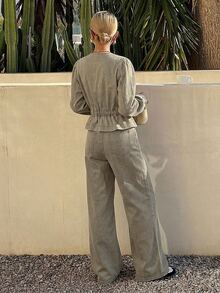 Livesso Women's V-Neck Pleated Long Sleeve Top And Long Pants Casual Daily Denim Set Fall - Army Green - View 2